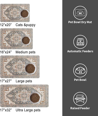 Dog Food Mats for Floors, Absorbent and Quick-Drying Pet Cat Food Mat,Anti-Fouling and Easy-to-Clean Pet Feeding Mat,Dog Bowl Mat for Messy Drinking Water Bowls.12 x20, Bohemia Style