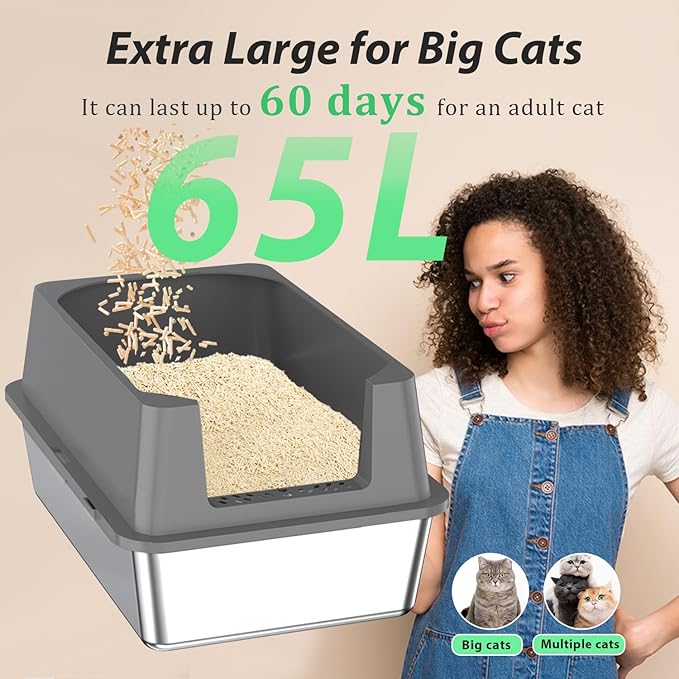 XXXXL Stainless Steel Cat Litter Box with High Sides, 29" x 21" x 14" Extra Large Cat Litter Box for Big Cats and Overweight Cats High Sides Non-Stick Easy to Clean.
