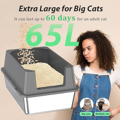 XXXXL Stainless Steel Cat Litter Box with High Sides, 29" x 21" x 14" Extra Large Cat Litter Box for Big Cats and Overweight Cats High Sides Non-Stick Easy to Clean.