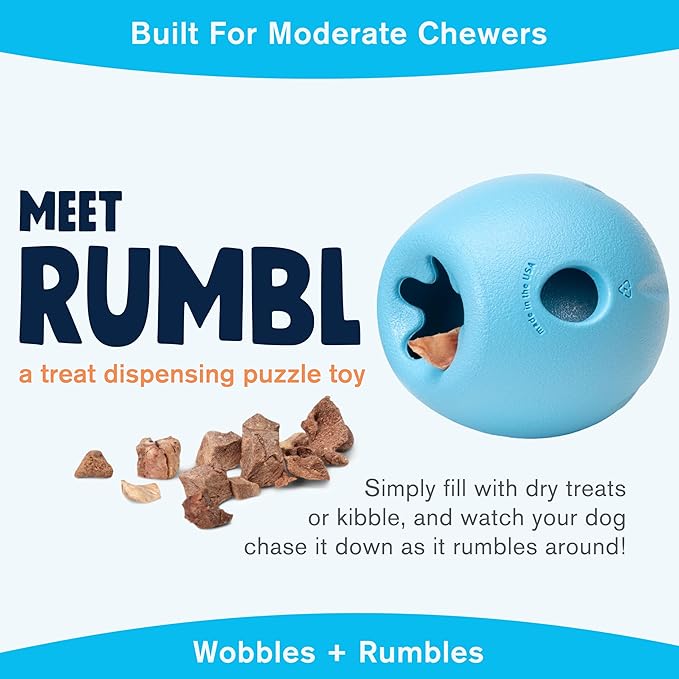 WEST PAW Zogoflex Rumbl Treat-Dispensing Dog Toy – Interactive Slow-Feeder Chew – Enrichment Toy Moderate Chewers, Fetch, Catch – Holds Kibble, (Aqua Blue, Large)