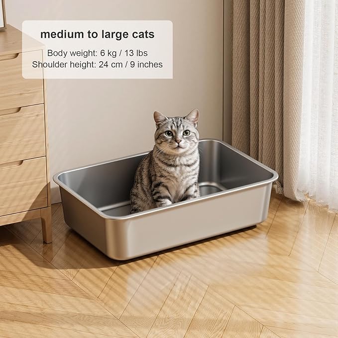 X-Large Stainless Steel Litter Box with High Sided, Metal Cat Litter Box, Odor-Free Non-Stick Litterbox Pan, Easy to Clean Pet Supplies Toilet Tray for Indoor Cats, Kittens or Multicat Homes