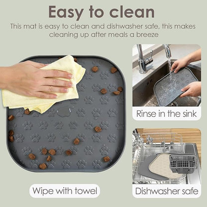 2 Pack Pet Feeding Mats, Waterproof Anti-Slip Placemats for Dog Cat Bowl Silicone Pet Food Mat, Raised Edge Prevent Spills on Floor & Carpet, Dishwasher Safe (2 Gray, 11" x 11")