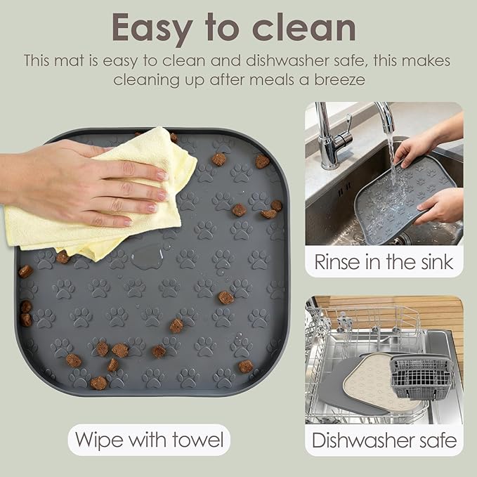 Pet Feeding Mat, Waterproof Anti-Slip Placemats for Dog Cat Bowl Silicone Pet Food Mat, Raised Edge Prevent Spills on Floor & Carpet, Dishwasher Safe (Gray, 11" x 11")