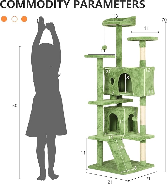 BestPet | 70" Cat Tree Tower | Green | Sturdy, Easy to Assemble, Multi-Level Activity Center with Sisal Scratching Posts, Condos, Perches, Hanging Cat Toys, Observation Decks & Ladder