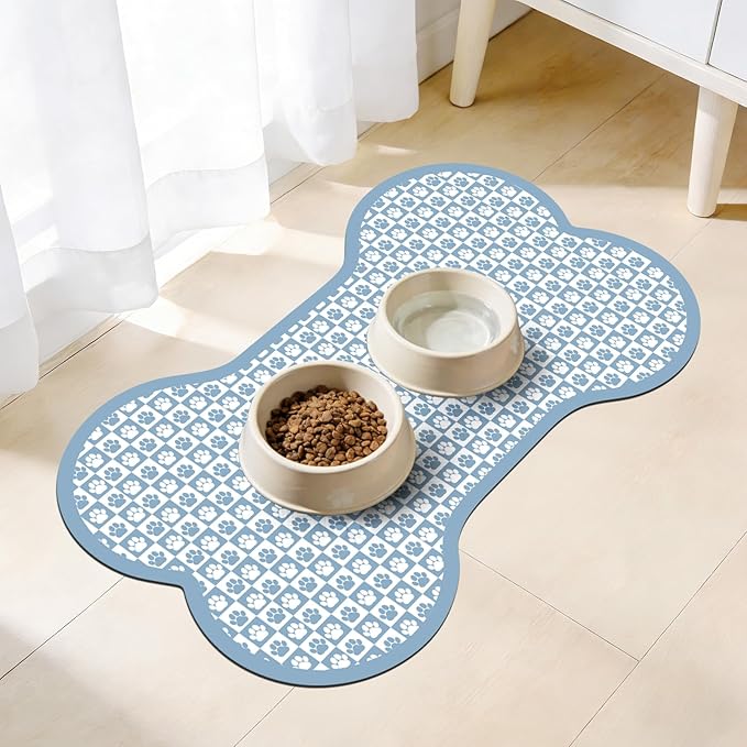Pet Mats for Food and Water, Blue Bone Dog Food Mat for Floors, Non Slip Indoor Quick Dry Cat Bowl Feeding Mats (16.9” X29.9”)