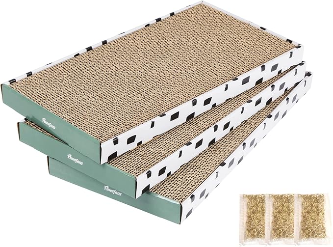 PAWSFANS Cat Scratcher Cardboard Scratch Pad with Box,Durable Corrugate Scratching Board Kitty Sofa Lounge Bed Reversible Catnip Included for Indoor Cats,Large (Box, 3pcs)