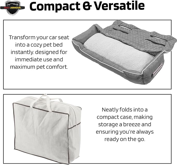 Seat Armour PetBed2GO Universal Gray, Large Pet Bed Cushion & Car Seat Cover, 52x20x7, 6lbs