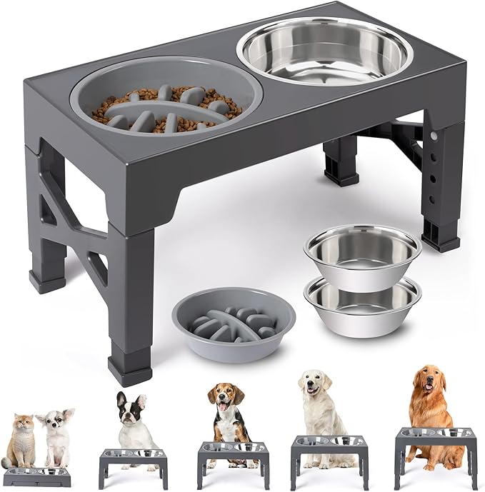 Heeyoo Elevated Dog Bowls - 5 Adjustable Heights Stand, 2 Stainless Steel Bowls & 1 Slow Feeder, 3.2" to 12.2" for Small to Large Dogs