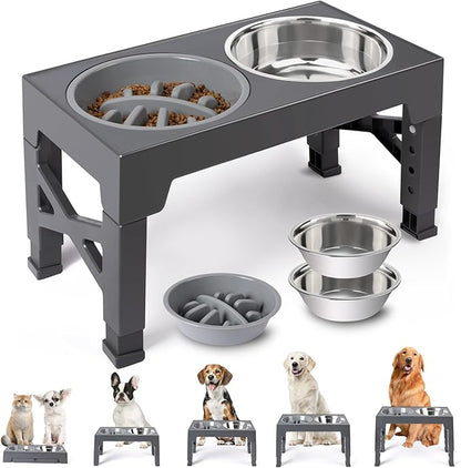 Heeyoo Elevated Dog Bowls - 5 Adjustable Heights Stand, 2 Stainless Steel Bowls & 1 Slow Feeder, 3.2" to 12.2" for Small to Large Dogs