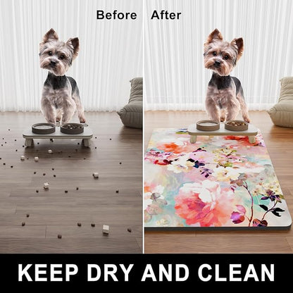 Dog Food Mat, 12" x 19" Flower Absorbent Dog Cat Bowl Mat for Food and Water, Cute Anti-Slip Rubber Pet Feeding Rug Protect Floors, Placemat for Feeding & Watering Supplies, Pink