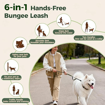 Detachable Heavy Duty Tactical Dog Leash, 9.7FT Hand-Free Bungee Shock Absorption Leash with Padded Handle Quick Release Metal Clip Car Seatbelt No Pull Training Lead for Large Medium Dogs (Green)