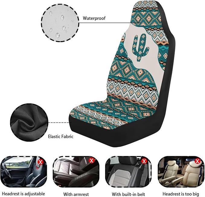 Car Accessories Car Seat Covers for Women Men Breathable Green Aztec Cactus Front Seat Cover All-Season Protection Universal Fit Trucks SUV Van Fashion Auto Interior
