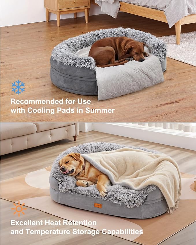 Fluffy 3.7 inch Thickened Orthopedic Dog Beds for Jumbo Dogs, Curved Bolster Support Dog Couch with Removable & Washable Cover, Orthopedic Oval Memory Foam, Non Slip Bottom,Grey
