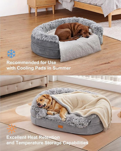 Fluffy 3.7 inch Thickened Orthopedic Dog Beds for Jumbo Dogs, Curved Bolster Support Dog Couch with Removable & Washable Cover, Orthopedic Oval Memory Foam, Non Slip Bottom,Grey