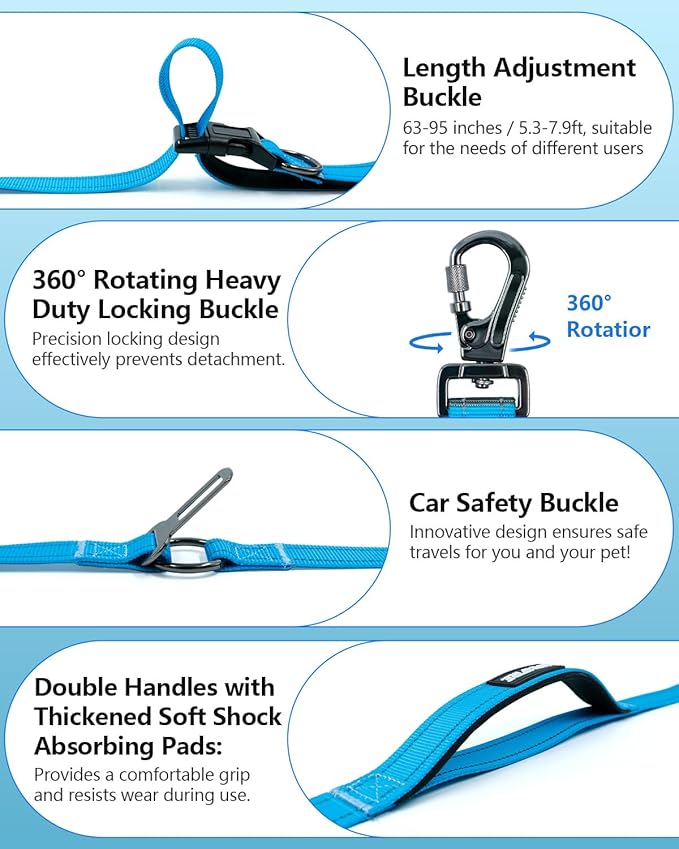 Hands Free Dog Leash, Multifunctional Crossbody Leash, Long Waist Dog Belt with Car Safety Buckle and Double-Sided Reflective Stitches（Blue 5.3-7.9ft-Medium）