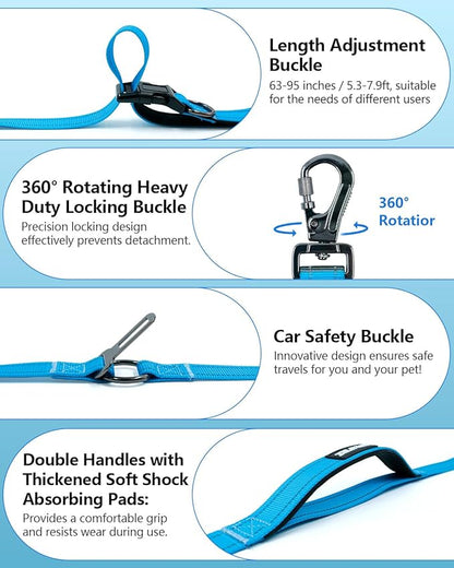 Hands Free Dog Leash, Multifunctional Crossbody Leash, Long Waist Dog Belt with Car Safety Buckle and Double-Sided Reflective Stitches（Blue 5.3-7.9ft-Medium）