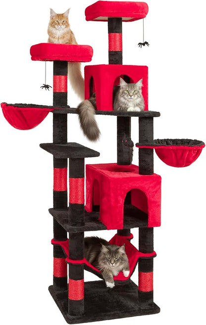 AMHANCIBLE Gothic Cat Tree, 70 Inch Tall Cat Tower for Indoor Cats, Multi-Level Cat Tree with Scratching Post, Hammock, Hanging Basket, Large Cat Condos for Adult Cats Kittens, Black Red, PT18RD