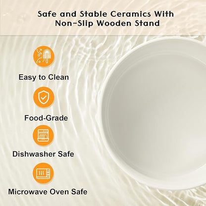 SPUNKYJUNKY Ceramic Elevated Dog Bowls 2 Pack - 8.3inch Raised Dog Bowls with Non-Slip Wooden Stand for Large Dogs Dishwasher Safe(White,60OZ*2)