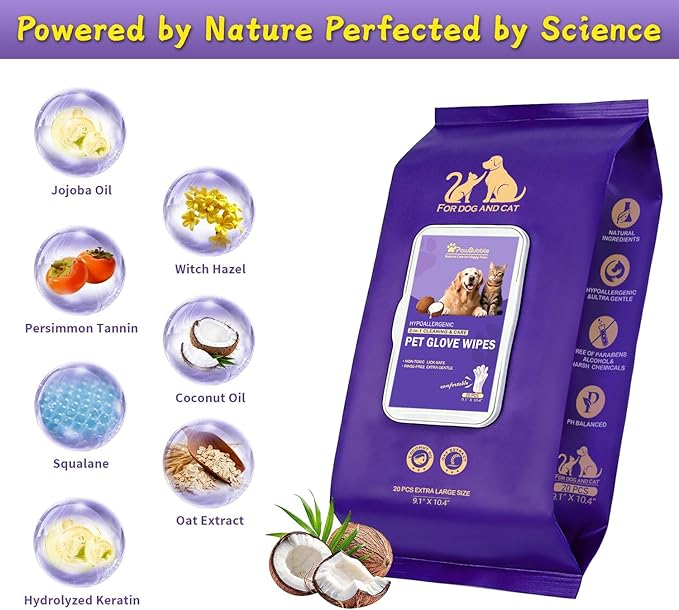 Pet Wipes, Cleaning Glove Wipes for Dogs & Cats Hypoallergenic, Lick-Safe, Full-Body Grooming & Deodorizing Wipes for Daily Care, Home & Outdoor Use (20 Counts)