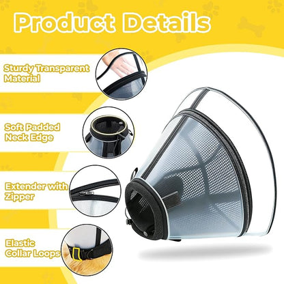 Upgraded Dog Cone Collar for Dogs After Surgery, Soft Transparent Pet Recovery Collar for Large Medium Small Dogs, Depth Adjustable Dog Cone Collar, Elizabethan Collar (S, Black)