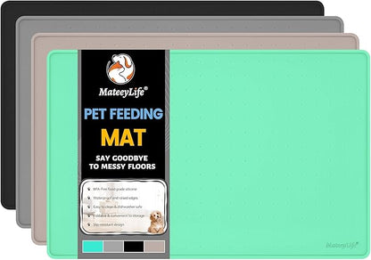 MateeyLife Dog & Cat Food Mat - Waterproof, Nonslip, Raised Edges, Silicone Tray for Messy Drinkers, 24"x16", Mint Green
