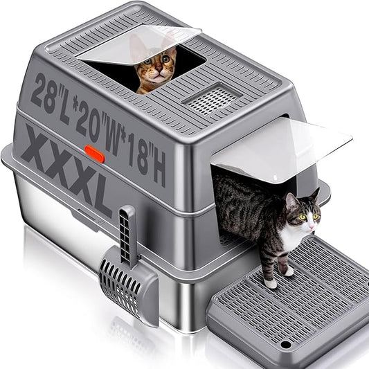 XXXL Stainless Steel Litter Box with Lid，Extra Large 28"L*20"W*18.1"H Metal Cat Litter Boxs,Jumbo Enclosed Removable Litter Box High Sides For Big Cats,with Cat Litter Scoop, Leak-Proof, Easy to Clean
