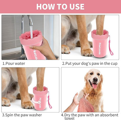 Professional 7 in 1 Dog Paw Cleaner for Dogs - Includes 1 Portable Paw Washer, 1 Bath Brush, 2 Dog Toothbrushes and 3 Absorbent Towels Note: Fits Paws 1.5 to 2.5 Inches Wide (Medium, Light Pink)