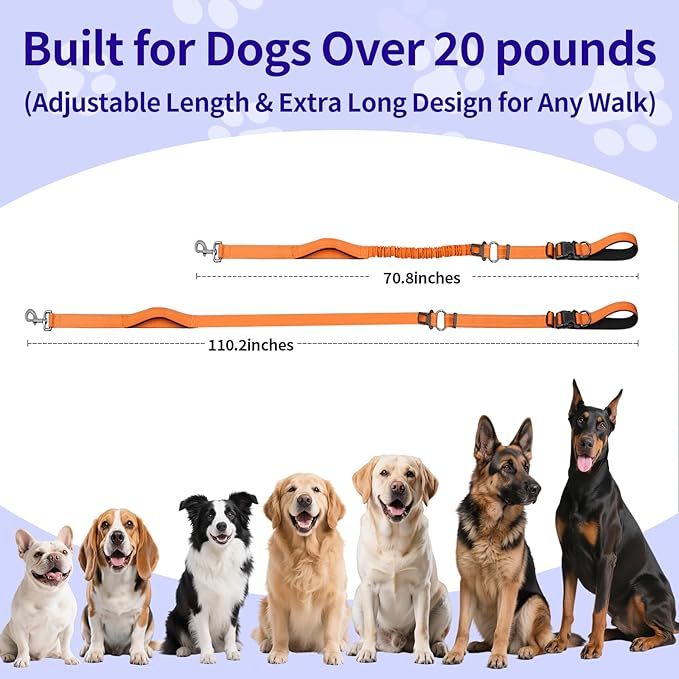 Kazazoo Hands-Free Dog Leash with 6-9FT Adjustable Length - Heavy Duty No Pull Bungee Design, Reflective Safety for Walking, Jogging & Training | Suitable for Medium to Large Dogs Orange L