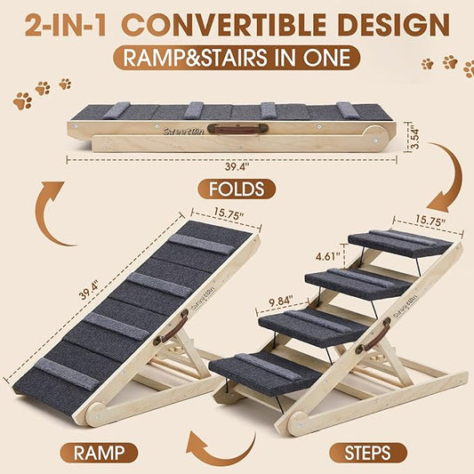 Dog Steps for Bed & Couch - 2-in-1 Dog Stairs/Ramp for Small to Large Breeds - 6 Adjustable Height from 12" to 24" - Folding Portable Wooden Ramp for Dogs to Get on Bed Couch Car Up to 200LBS