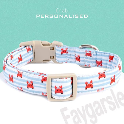 Faygarsle Cute Crab Pattern Dog Collar, Cotton Fabric, Light Blue Stripes, for Small Medium Large Dogs S