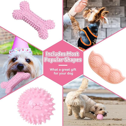 Petcare 6 Pack Puppy Chew Toys for Teething Cute Pink Puppy Toys Small Dog Toys Soft Rubber Rope Dog Toys Funny Bone Ball Cleaning Teeth Dog Chew Toys Puppy Teething Toys for Puppies Yorkie