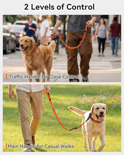 Joytale Tactical Dog Leash Heavy Duty, 4-6FT Shock Absorbing Bungee Lead with 2 Padded Handle, Metal Carabiner Clip, Car Seatbelt, Strong No Pull Leash for Medium Large X-Large Dogs, Orange