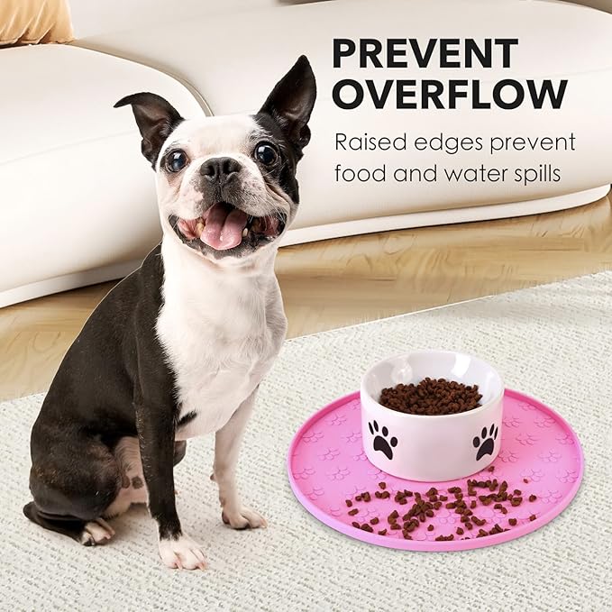 Silicone Pet Food Mat - Waterproof Dog Food Bowl Mat Cat Feeding Mat Thicker Pet Placemat Eating Mat with High Lip to Prevent Spills, Dog & Cat Water Bowl Mat for Messy Drinkers to Protect Floors,Pink
