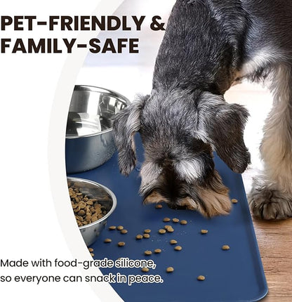 VIVAGLORY Dog Food Mat Flexmat Dog Bowl Mat, Placemat Food Tray with Raised Edges & Lip for Indoor Floor, Non Slip Waterproof Silicone Dish Placemat for Cat & Pet, S, Navy Blue