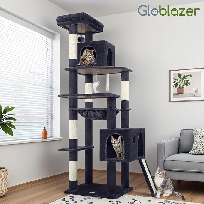 Globlazer Heavy Duty Cat Tree, 70 inch Sturdy Cat Tree for Indoor Cats Extra Large Cat Tower with Scratching Post, Hammock, Cat Condo for Adult Cats Kittens, F70 Pro, Dark Grey