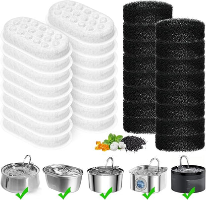 Cat Water Fountain Filter, 32-Pack Cat Fountain Replacement Filters for 67oz/2L & 108oz/3.2L Stainless Steel Cat Water Fountain, 4-Layer Filtration Pet Filter (16 Filters & 16 Sponges)