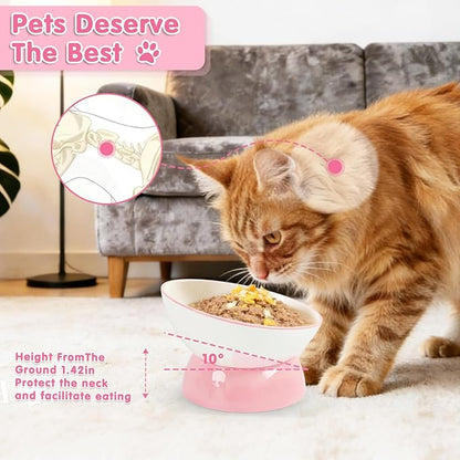 Cat Food Bowl, Ceramic Cat Bowls, Anti Whisker Fatigue Cats Bowl Set,Shallow Wide Kitten Plates for Food and Water (Pale Pink Xie)