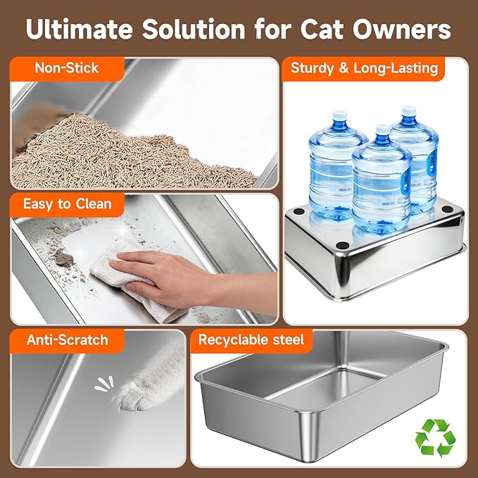 Stainless Steel Cat Litter Box, Extra Large XL Odor Free Metal Litter Box with High Sides Lid, Open Top Litter Pan Include Scoop Easy Cleaning Anti-Scratch Kitty Cat Box Anti-Urine Leakage, Non-Sticky