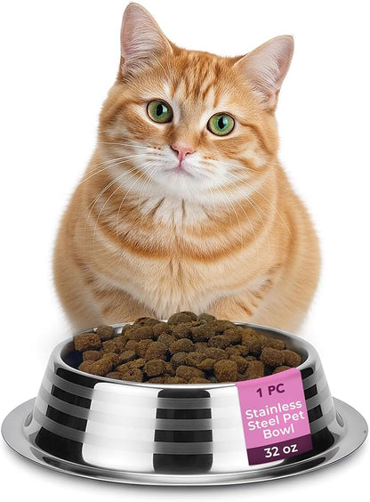 Stainless Steel Dog Bowls | Cat Bowls (Pack of 1) - Anti Skid & Non Tip Dog Water Bowl | Cat Water Bowl Set - Dishwasher Safe - 32 Oz - 950 ml - 23 cm Diameter (Elegant Silver Stripes)