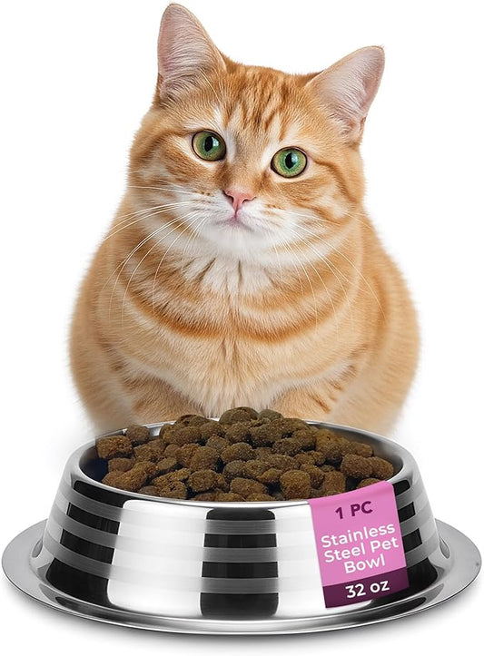 Stainless Steel Dog Bowls | Cat Bowls (Pack of 1) - Anti Skid & Non Tip Dog Water Bowl | Cat Water Bowl Set - Dishwasher Safe - 32 Oz - 950 ml - 23 cm Diameter (Elegant Silver Stripes)
