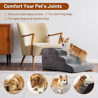 Large Dog Stairs – Extra Large Dog Steps for Bed, Couch & Car, 6-Step Pet Steps for Puppies & Senior Dogs, Pet Stairs with Washable Cover, Side Pockets, Non-Slip Bottom, 43.3" L x 19.7" W Grey