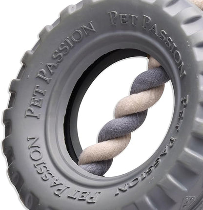 Natural Rubber Tire and Organic Cotton Rope Pull and Chew Dog Toy for All Pet Breeds, Gray, Medium