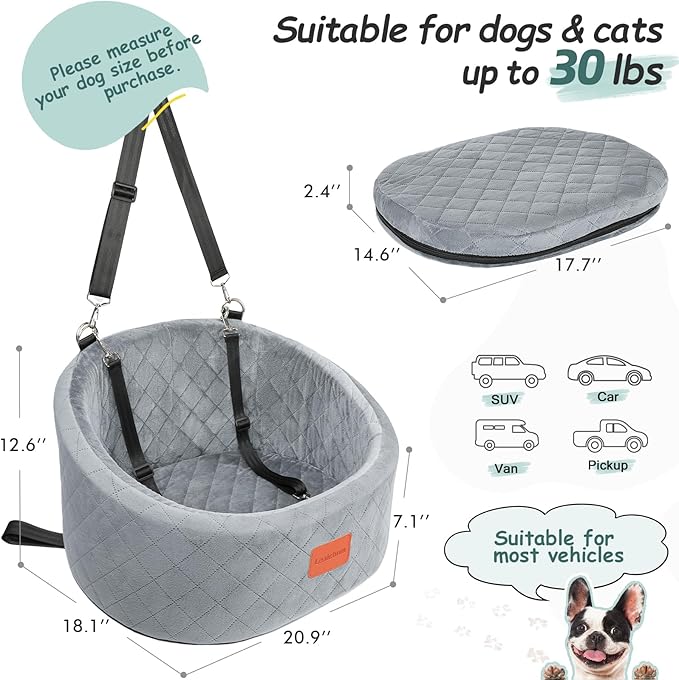 Lealchum Dog Car Seat for Small Dogs Up to 30 Lbs,Ultra Soft Fabric Fill in Comfy Memory Foam,Happy Pet Ride,2 Safety Dog Leashes,Fully Detachable and Washable,Anti Slip Base(Grey)