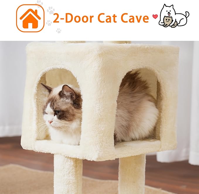 Heybly Cat Tree, 39.4 Inches Tower Condo with Scratching Post, Cat Tower for Indoor Cats, Fully Wrapped Sisal Pole, Soft Platform, 2 Baskets and Dangling Toy, Beige HCT006SM