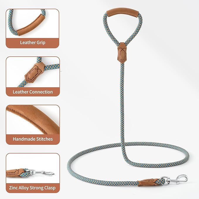 Mile High Life Leather Dog Leash, Heavy Duty Strong Genuine Leather Handle Rope Leash Soft and Comfortable for Small Medium Large Dogs (Peacock Blue, 72 Inch)