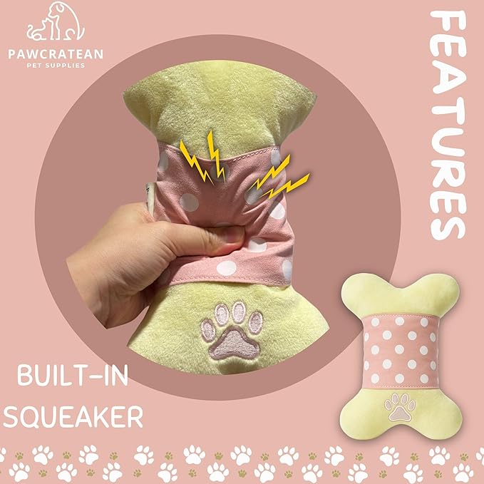 7" Squeaky Plush Toy for Puppies Small Dogs Self Etertainment Washable Soft Made [PET ONLY] (Pink Cartoon Bone)