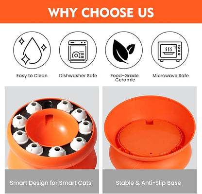 Cat Puzzle Feeder Slow Food Bowl – Interactive Slow Feeder Bowl for Indoor Cats, Treat Dispensing Enrichment Toy,Mental Stimulation and Boredom Relief (Orange)