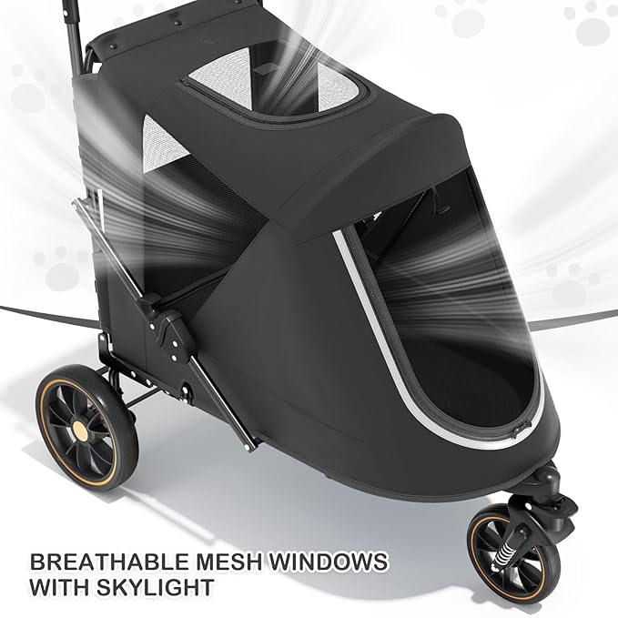 MoNiBloom Pet Stroller for Large Dogs or Multiple Dogs Cats with Adjustable Handle, 3-Wheels Dual Entry Portable Dog Carting Easy Folding Pet Wagon Double Dog Stroller up to 55 lbs, Black