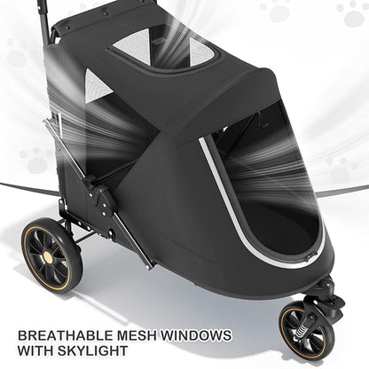 MoNiBloom Pet Stroller for Large Dogs or Multiple Dogs Cats with Adjustable Handle, 3-Wheels Dual Entry Portable Dog Carting Easy Folding Pet Wagon Double Dog Stroller up to 55 lbs, Black