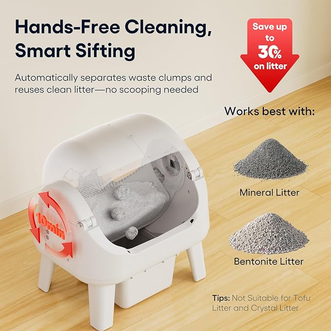 PetPivot Open Top Self Cleaning Cat Litter Box, Automatic Litter Box with 7 Pairs of Safety Sensors, Anti-Pinch Protection and Easy Access Step for Senior Cats, White